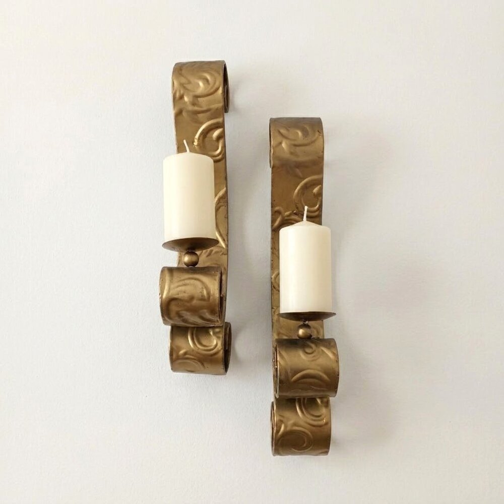 Vintage Gold Scroll Wall Sconce Pillar Candle Holder Hollywood Regency PAIR MCM